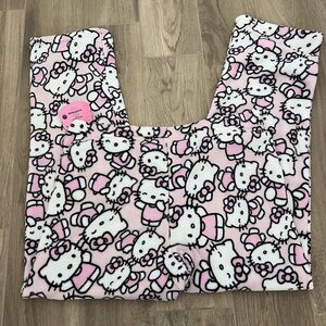 Hello Kitty Womens Lounge Sleep Pants NWT Pink Black Size Large Drawstring Fuzzy
